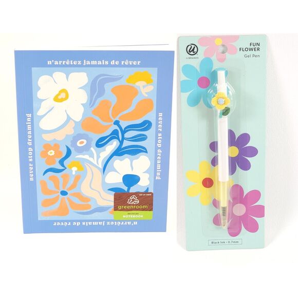 Greenroom Journal Never Stop Dreaming + U Brands Flower Gel Pen Black Ink Set - Picture 1 of 16